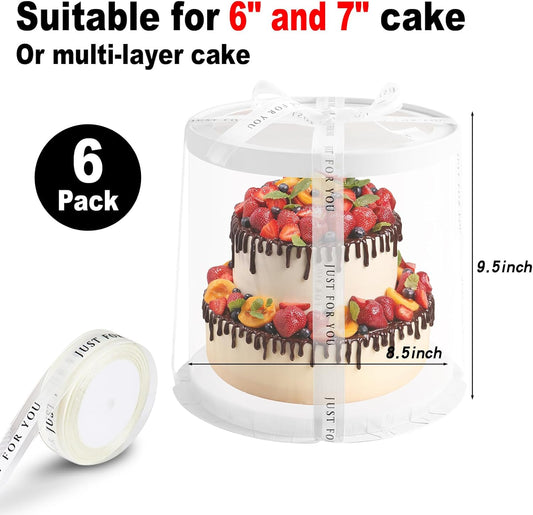 JCD Pink Multi-Layer 10 * 10 Inch Round Clear Cake Boxs with Ribbon,6 Pack Tall Transparent Packaging Cake Containers PET Cake Carrier Box for Birthday (Pink, Round 10inch/6pcs)