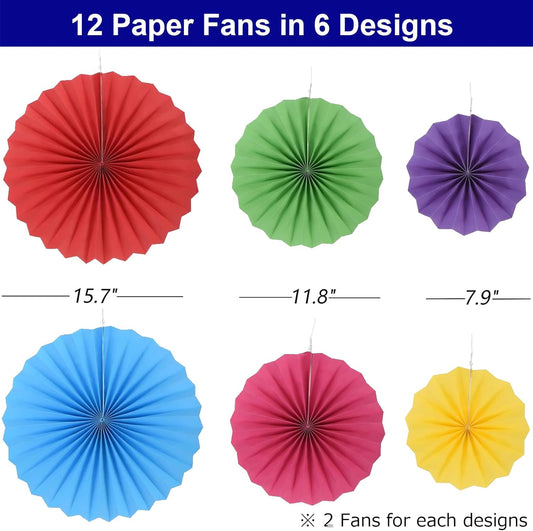12PCS Colorful Hanging Paper Fans Decoration Round Pattern Fan Garlands Paper Fan Party Decorations for Birthday Wedding Baby Shower Graduation Events Accessories