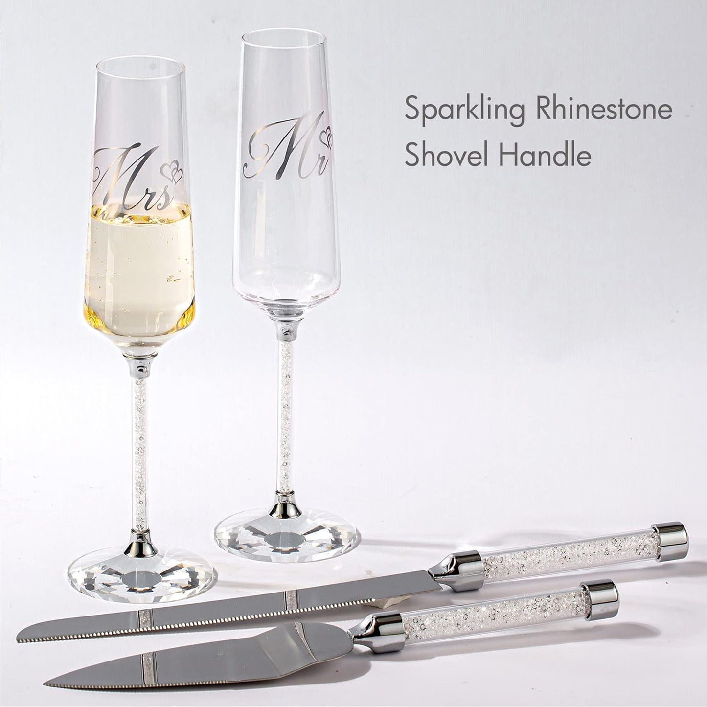 Wedding Cake Knife and Server Set, Mr and Champagne Flutes with Wedding Cake Cutting Set for Bride and Groom Toasting (Clear)