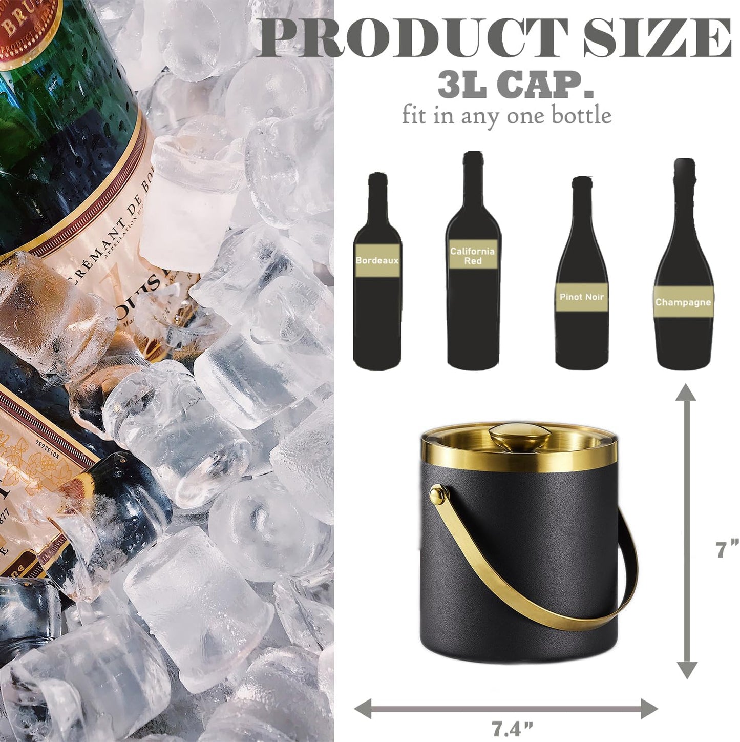 Ice Bucket with Lid, Handle and Tong Black Gold Insulated Stainless Steel Champagne Bucket 2L Wine Bucket for Party Bar Cart Accessories Large Double Wall Bucket Keep Frozen