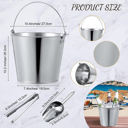 Mumufy 12 Pcs 10l Large Metal Beer Bucket 10.6 x 10.2 x 7.5'' with Ice Shovels and Tongs Galvanized Metal Ice Bucket Tin with Handle for Summer Pool Wedding Party Supplies Wine Champagne Bar