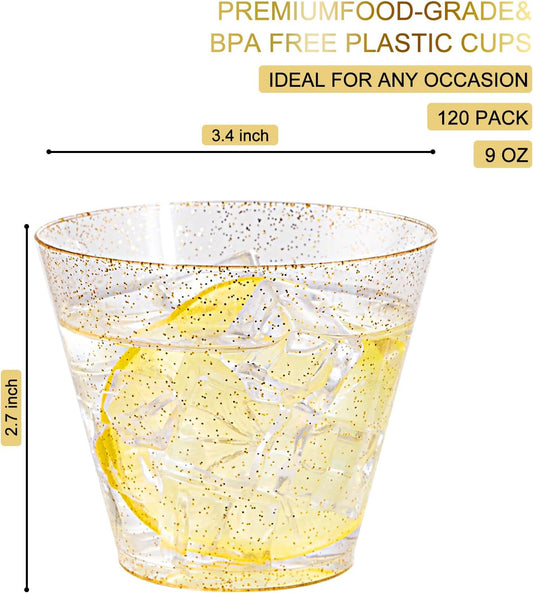 Nervure 120PCS Gold Plastic Cups - 9Oz Gold Rimmed Plastic Cups - Heavy Duty Disposable Clear Cup with Gold Rim Perfect for Weddings, Receptions & Parties