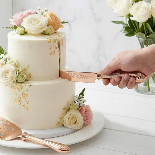 KSENDALO Wedding Cake Knife and Server Set, Rose Gold Serrated Knife Cake Cutting Set, Deluxe SUS304 Stainless Steel for Weddings, Birthdays & Anniversary (13.78inch Long)