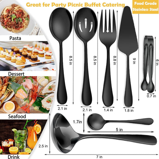 8 PCS Stainless Steel Serving Utensils, Large Serving Spoons Slotted Spoons, Forks, Ice Suger Tongs, Cake Server, Soup Ladle, Metal Utensils Set Great for Buffet Catering Banquet Party, Gold