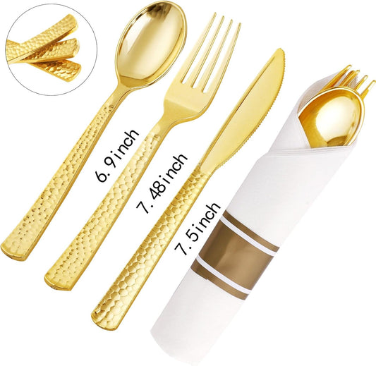 Supernal 180Pcs Silver Plastic Silverware Set, Elegant Hammered Design Heavy Duty Disposable Cutlery, Includes 60 Forks, 60 Knives, 60 Spoons,Silver Plastic Utensils for Wedding, Parties,Events