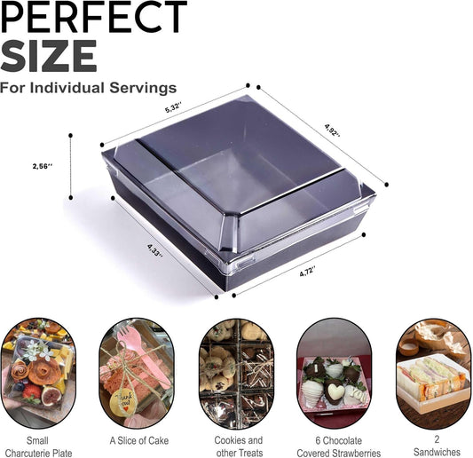 Leafiew 50 Pack Small Charcuterie Boxes with Clear Lids - To Go Paper Mini Charcuterie Box, Disposable Food Containers, 5Inch Dessert Boxes - Sandwich, Cookie, Sushi, Cake Slice, Strawberries (Brown)