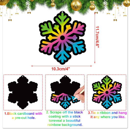 HOWAF 36pcs Snowflake Scratch Art for Kids, Rainbow Paper Hanging Wonderland Decorations Ornaments, Winter Arts Crafts for Christmas Birthday Party Bag Fillers