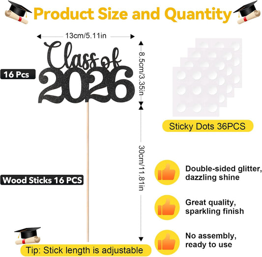 Graduation Centerpieces for Tables, 24 PCS Black Double-Sided Glitter Class of 2026 Graduation Decorations with Sticks, Grad Party Decorations