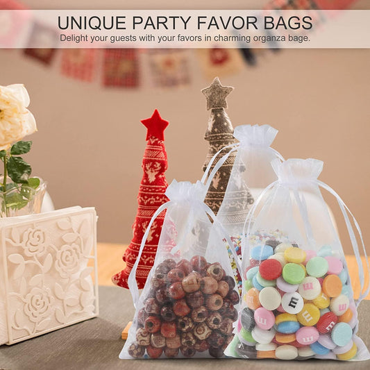 ANZNKU 50 Pack Organza Bags 5 x 7 in White Small Mesh Gift Bags Bulk Drawstring for Wedding Party Favors, Little Goodie Bag for Candy Jewelry Soap Makeup, Treat Sachet Pouch for Mothers Gifts Wrap