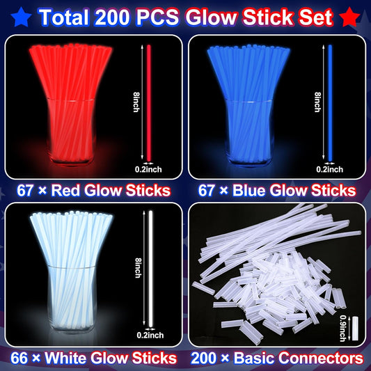 200 Pack 4th of July Glow Sticks Party Favors with Connectors,Patriotic Red White Blue Glow Stick Bracelets Nacklaces Glow in the Dark Party Accessories Memorial Day Decorations,250th Anniversary USA