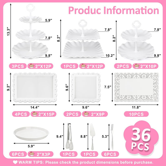 VISCOO 36 Pack Cupcake Stand, Dessert Table Display Set, 3-2 Tiered Tray Stand & Cupcake Holder Display Tower for Wedding, Serving Trays for Tea Party, Birthday, Dessert Stands for Baby Shower