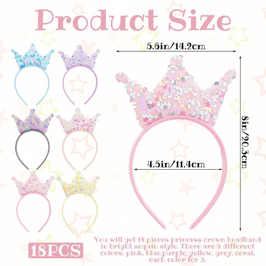 18 Pack Princess Party Favors, Princess Crown Headband Glitter Sequin Headbands Crown Shiny Tiaras and Crowns Glitter Headbands Crowns Glitters Tiara Set for Birthday Party, Proms, Gifts (Multicolor)
