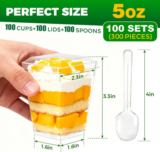 Ginkgo 100 Sets (300 Pieces) 5 oz Dessert Cups with Lids and Spoons, Clear Plastic Parfait Cups, Disposable Appetizer Cups for Pudding, Jello, Mousse, Ice Cream, Party & Catering Supplies