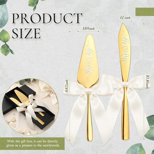 2 Pcs Bow Gold Wedding Cake Knife and Server Set Ivory White Ribbon Bow Mr Mrs Cake Cutting Set Boho Pastry Pie Server Pizza Cutter for Engagements Anniversaries Gifts for Couples