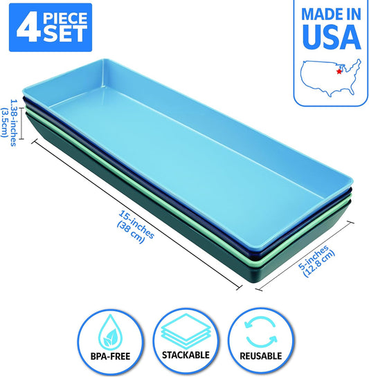 US Acrylic White Plastic Serving Trays (Set of 4) 15” x 10” | Large Unbreakable Reusable Rectangular Party Platters | Serve Appetizers, Fruit, Veggies, & Desserts | BPA-Free & Made in USA