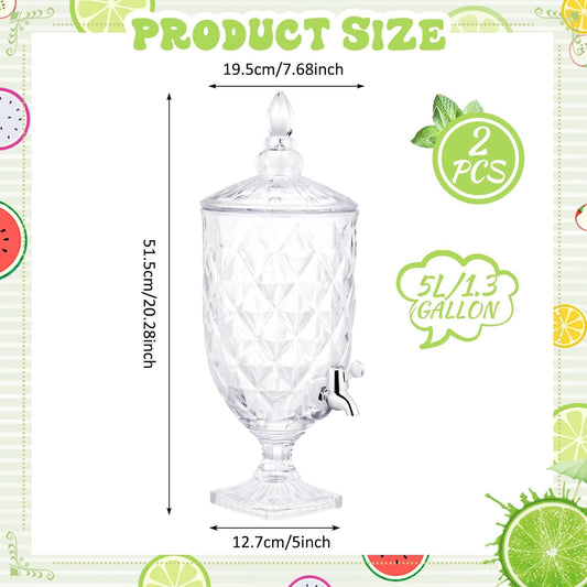 Bokon 2 Pieces Drink Dispensers for Parties Crystal Iced Beverage Dispenser with Stand and Spigot, Glass Liquid Containers Wide Mouth Beverage Server for Juice Tea Wedding (Exquisite)