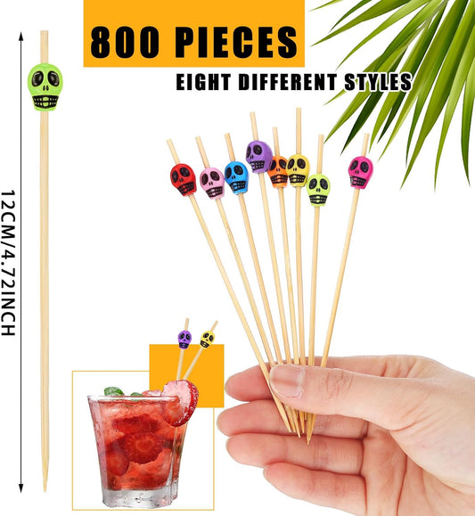 800 Pcs Skull Picks Skull Toothpicks Cocktail Picks for Drinks 4.7 Inch Skewers Sticks Fancy Sandwich Appetizer Bamboo Skewers for Wedding Birthday Party Decorations