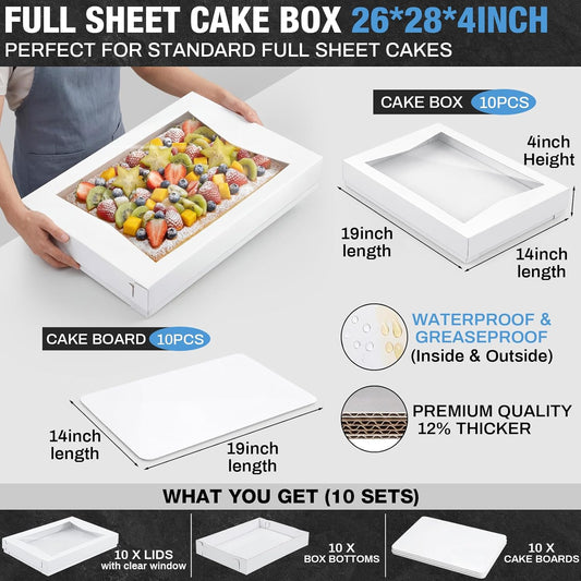 10 Sets 19 x 14 x 4 Inch Heavy Duty Half Sheet Cake Box with Window Include Corrugated Paperboard Cake Box Bottom Bakery Top Greaseproof Pad Tray for Dessert
