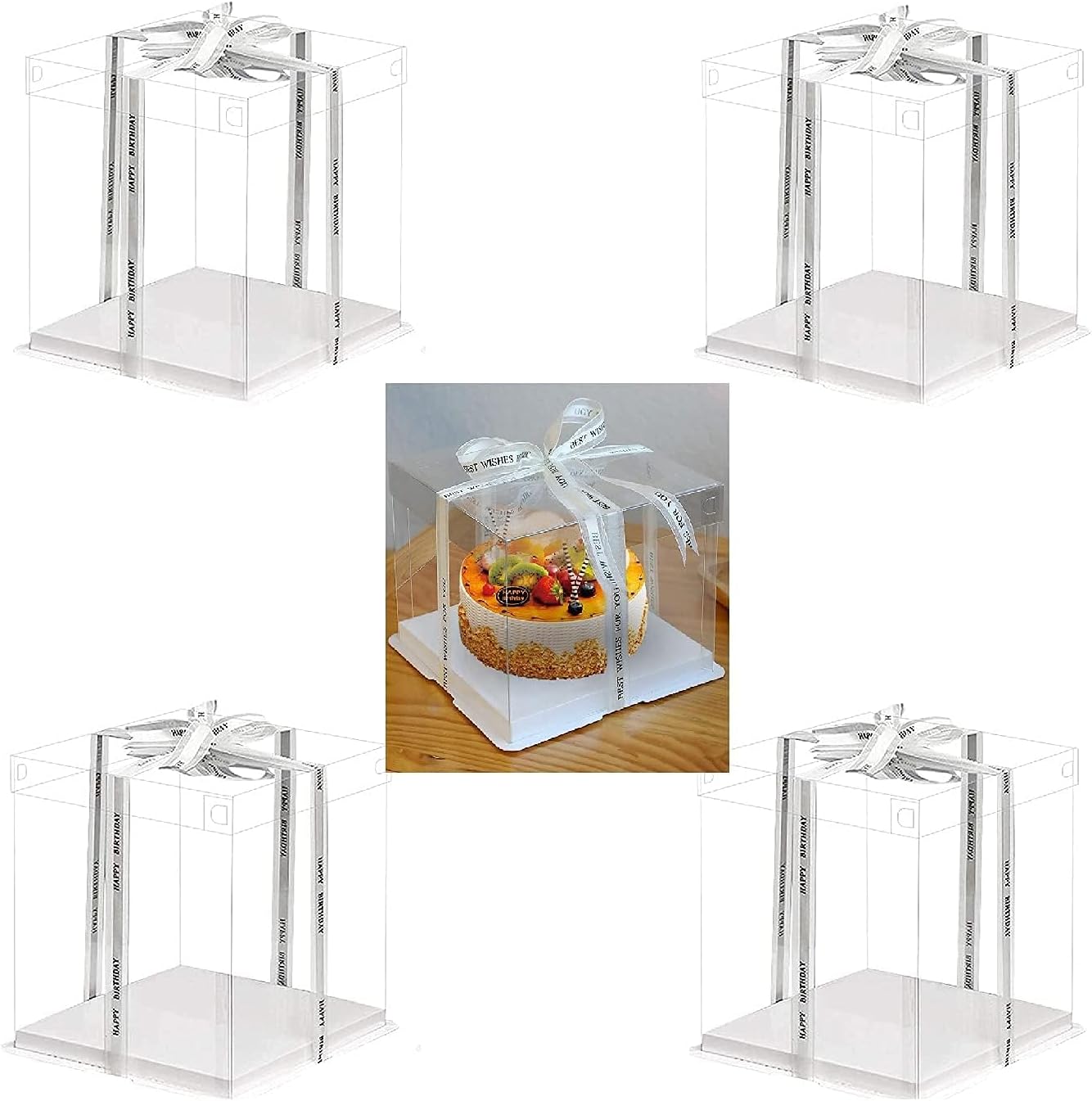 10 Inch Clear Cake Box,2 Pcs 10" X 10" X 9" Transparent Cake Box with Ribbon for 8" Cakes-Clear Tall Cake Boxs- Gift Boxes with Lid for Wedding Party and Gift Display (White-2 Set)