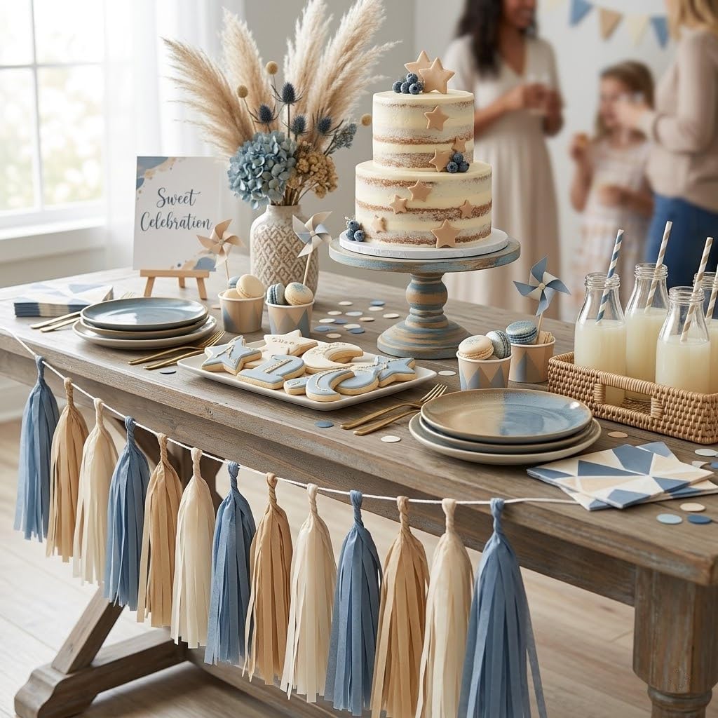 15PCS Dusty Blue Tan and Cream Tissue Paper Tassel Garland Fringe Streamers for Neutral Boho Boy Baby Shower Bunting Coastal Bachelorette Wedding First Birthday Nursery Wall Hanging Party Decor
