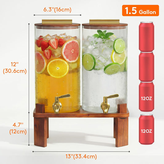 Lifewit 1.5 Gallon Drink Dispenser for Parties, Glass Beverage Container with Wood Stand for Juice/Tea/Soda & Lemonade, Water Pitcher with Leakproof Stainless Steel Spigot for Mimosa Bar Hosting 2 Pcs