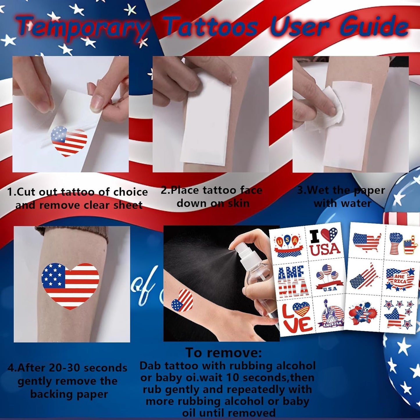 180Pcs Patriots-Tattoos Red-White and Blue - 4th of July American USA Flag Tattoos Individually Sheets Fourth of July Stickers Independence/Memorial/Labor Day Party Decorations Favors