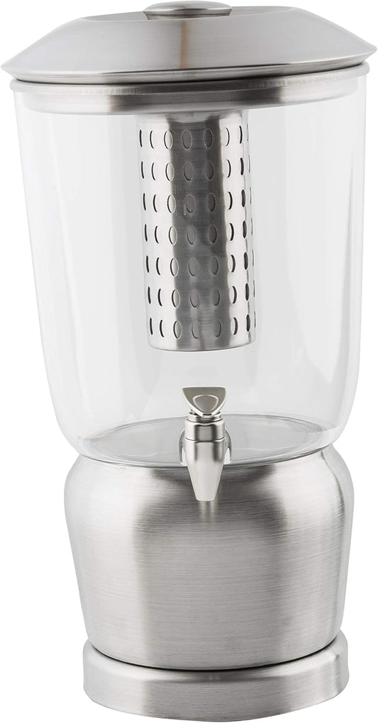 TableCraft 75 Upscale 2.5 Gallon Drink Dispenser with Fruit Infuser & Stand, Tritan & Brushed Stainless Steel, Cold Beverage Dispenser for Catering and Home Use