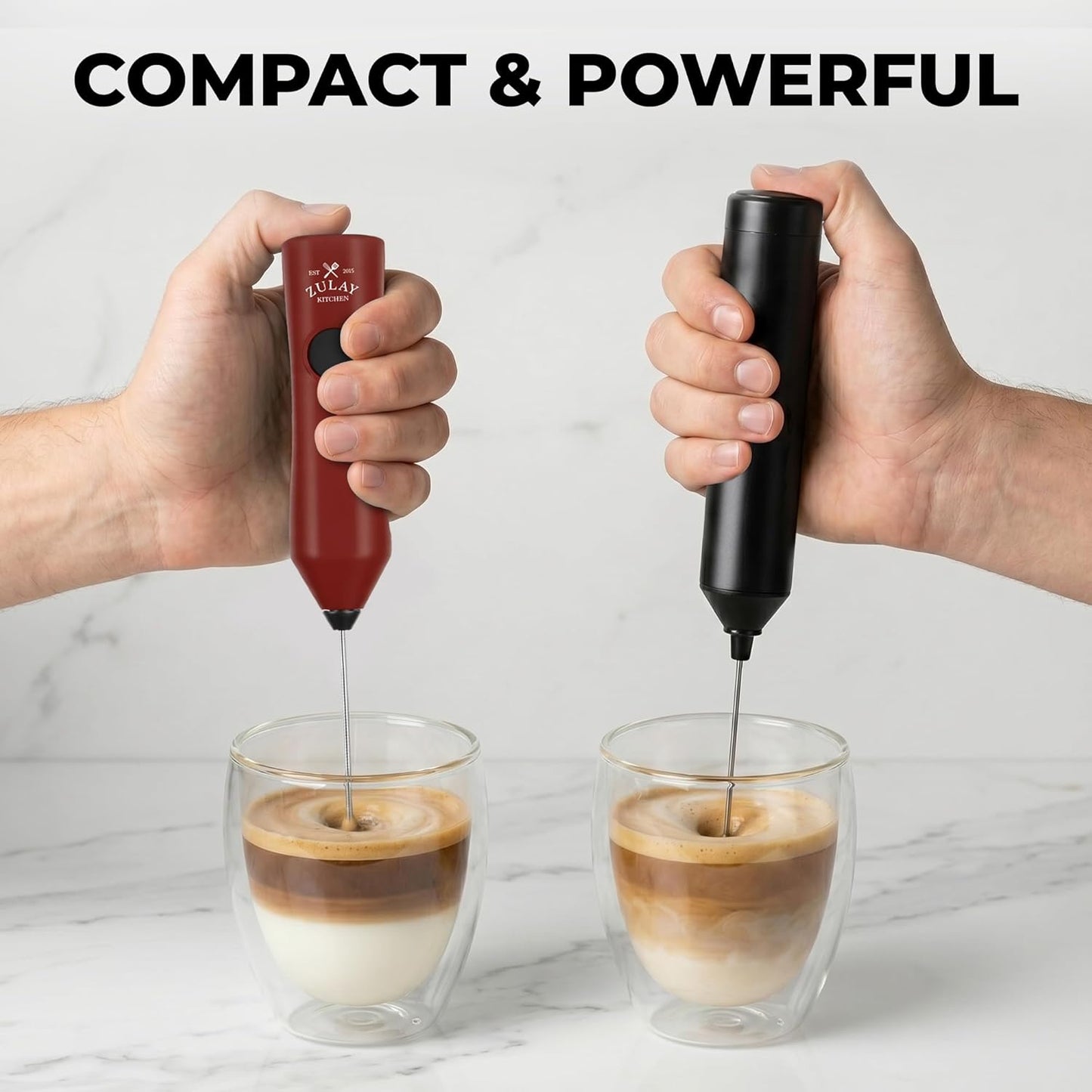 Zulay Kitchen Powerful Milk Frother Wand With Duracell Batteries - Ultra Fast Handheld Drink Mixer - Electric Whisk Foam Maker for Coffee, Lattes, Cappuccino & Matcha - Z1 Motor - Black - Colors A