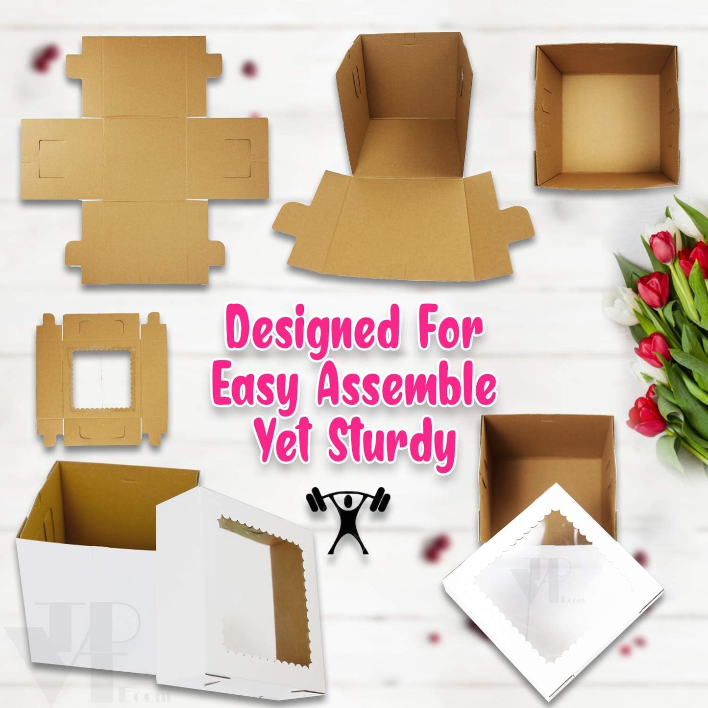 12 Pcs Tall Cake Boxes with Window in 6 Sizes + 15 Thank You Stickers 12x12 10x10 8x8, Bakery Boxes disposable carrier take out container, In 12 10 8 inch 2 3 tier wedding birthday