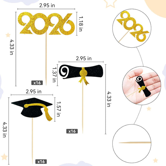 Pre-Assembled Graduation Cupcake Toppers 48 PCS, Class of 2026 Mini Cake Decorations Grad Cap & Diploma, Food & Appetizer Picks for Graduation Party