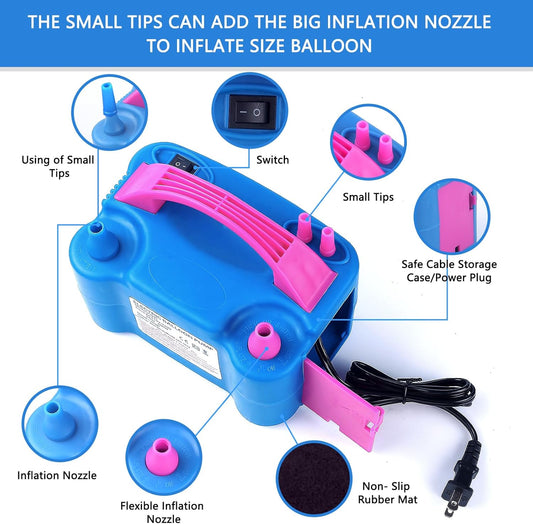 QIPUMP Balloon Pump Electric,110V 600W Balloon Blower Inflator Dual Nozzle Air Pump Balloons Inflator for Decoration, Party, Sport,Gifts:2 Balloon Tying Tools