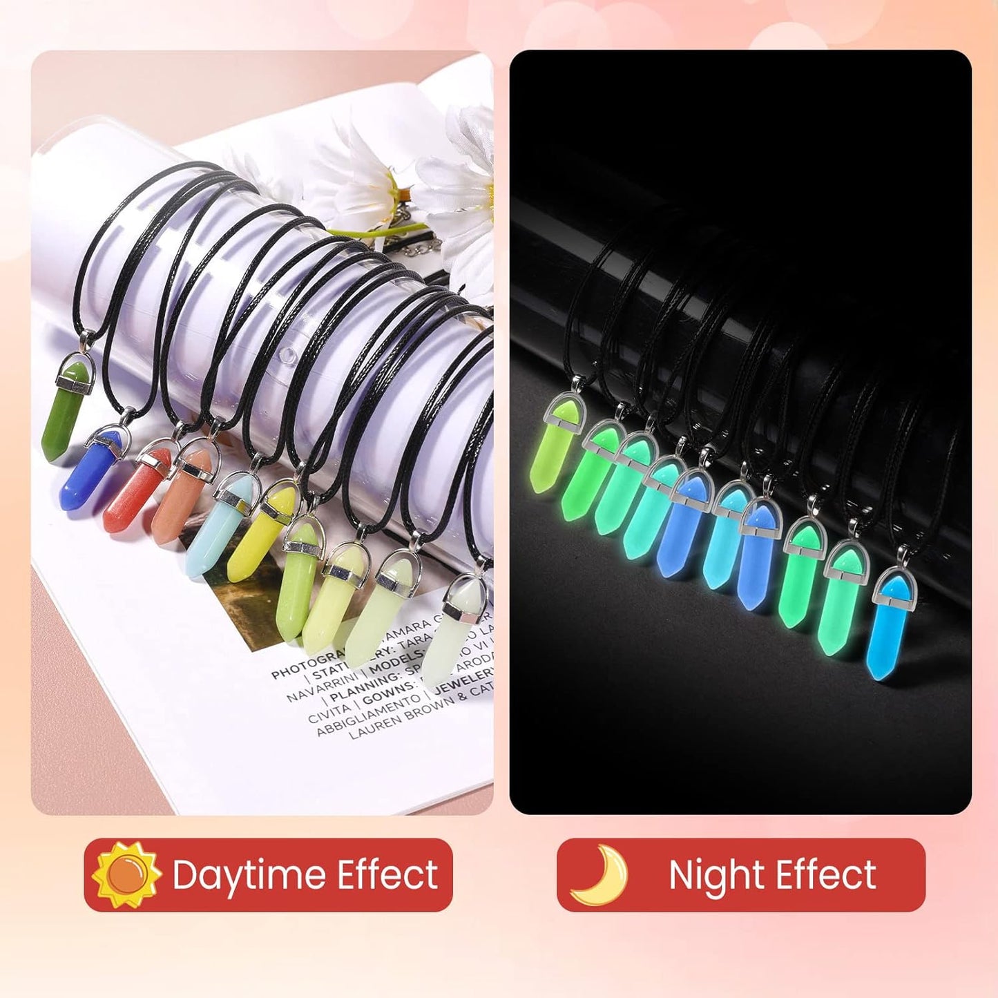 TXIN Glow in the Dark Crystal Pendant Necklaces, Luminous Natural Quartz Stone, Fluorescent Hexagonal Stone, Glowing Moonstone with Black Leather Chain, 10 Colors