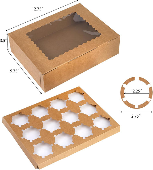Jucoan 20 Pack Cupcake Boxes, 12 Counts Dozen Cupcake Containers with Window and Insert, Brown Bakery Pastry Treat Boxes for Muffins, Cookies, Donuts, Take Out Containers for Party
