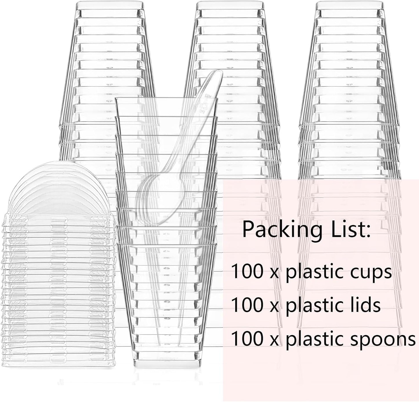 50Pack 5oz Plastic Dessert Cups with Lids and Spoons, Square Clear Parfait Appetizer Cups, Mini Reusable Shooter Serving Cups, Party Dessert Shot Glasses for Tasting