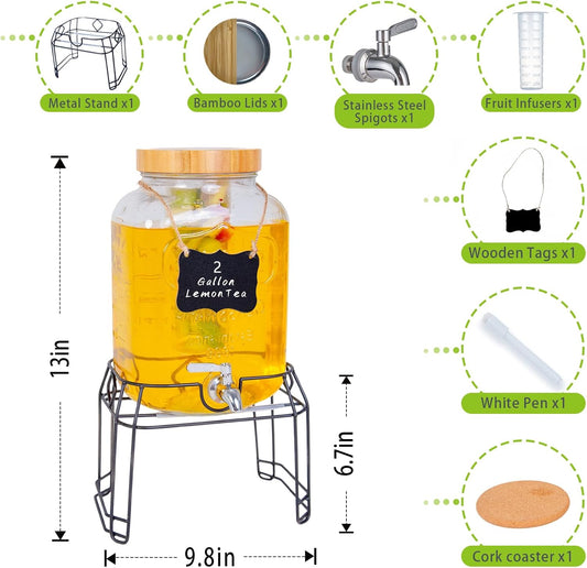 2 Gallon Glass Drink Dispenser with Stand,Stainless Steel Leakproof Spigot &Bamboo Lid& Labels& Fruit Infuse, Large Beverage Dispenser for Parties, Lemonade, Sun Tea, Picnic & Outdoor Use 