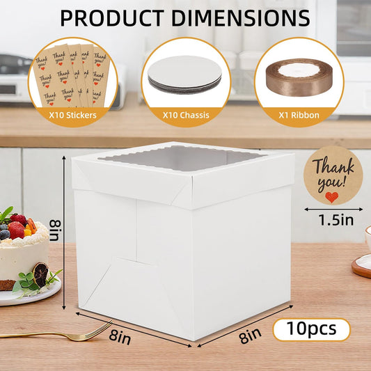 10 Pack Cake Boxes,Tall Cake Box with Window, White Bakery Boxes, 8x8x8 Inch Large Baking Boxes with Sticker, Cardboard Cake Box for Multi-Layer Cakes, Cake Decorating Supplies for Gift Giving