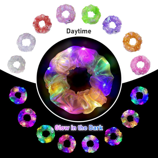 8 Pcs Light Up Hair Scrunchies for Girls Women, Mermaid LED Glow Scrunchies, 3 Light Modes, 8 Hour Glow, Glow Party Accessories for Rave Festival Birthday Slumber Party Favors