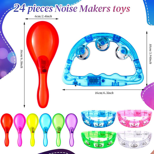 Libima 24 Pcs LED Light up Tambourine Tambourin and Mini Maracas Musical Adult Handheld Plastic Tambourine Bell LED Flashing Shaker Neon Mexican Decor Noisemaker for Easter Party Favor Birthday