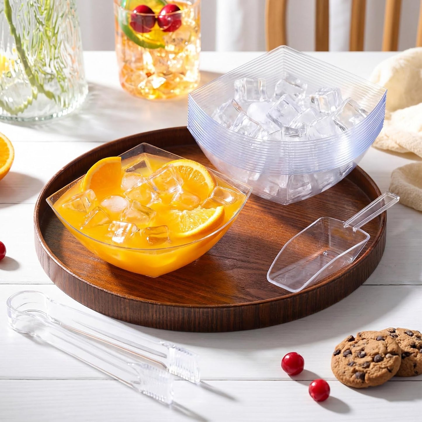 Vesici 48 Pcs 8 oz Clear Plastic Candy Bowls 24 Pcs with 12 Scoops and 12 Tongs Square Dessert Candy Bowl Buffet Containers Disposable Party Ice Cream Salad Dish for Serving Food Appetizers Supplies