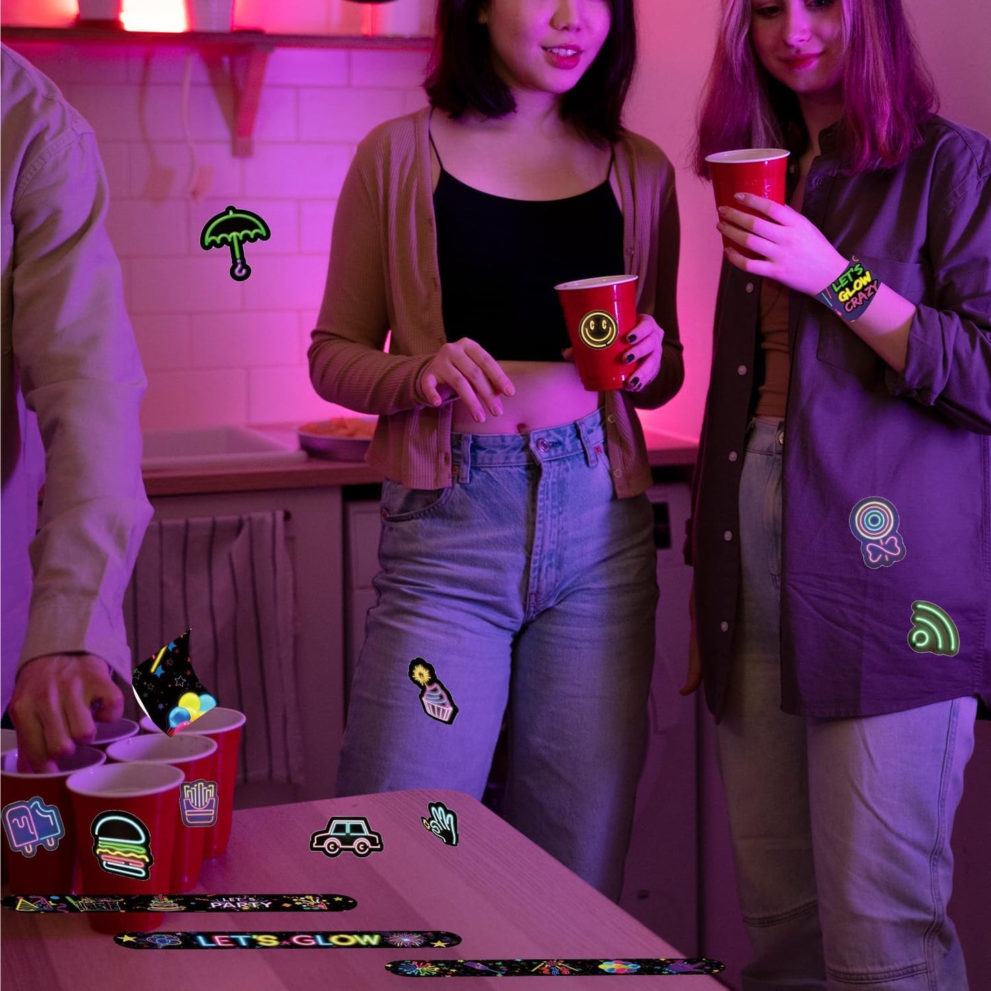 74 Neon Party Favors 50PCS Cool Neon Sign Vinyl Stickers 24PCS Glow Slap Bracelets Wristbands Neon Theme Birthday Party Decorations Glow in The Dark Party Supplies Favors