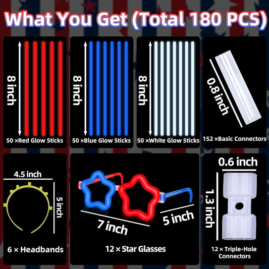 TURNMEON 248 Pcs 250th Anniversary 4th of July Light Up Party Favors, 24 Red White Blue Glasses 200 Patriotic Glow Sticks Bulk with Connectors Glow in the Dark Party Supplies Independence Day Decor