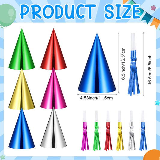 Soulchen 96 Pcs Birthday Party Favor Colorful Party Cone Hats with Colorful Fringed Noise Makers Horns Blowouts Horns Whistles Musical Noisemaker