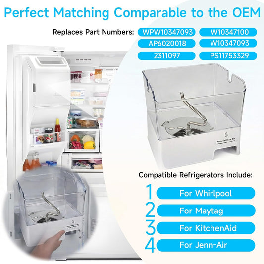 WPW10347093 Removable Ice Bin Compatible with Whirlpool Ice Bucket Replacement, W10347093 Ice Maker Assembly for Whirlpool Refrigerator Ice Bin