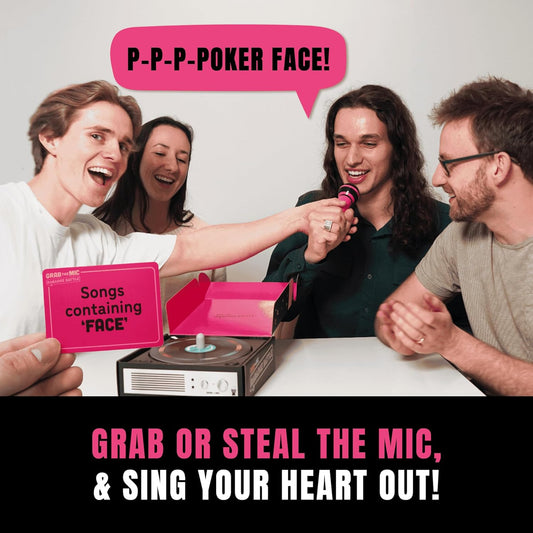 Lucky Egg Official Grab The Mic – Family Karaoke Board Game w/Foam Mic, 8+ Ages, 2-10 Players - Games for Bad Singers w/ 230 Lyrics (115 Cards)