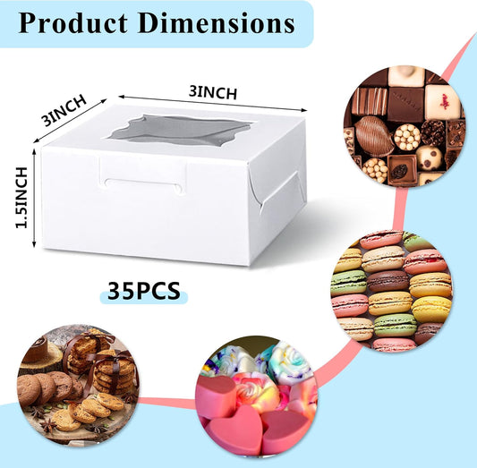 MUMULULU 35PCS 3x3x1.5Inches Premium White Cookie Boxes with Window Mini Individual Donut Small Candy Boxes Elegant for Weddings Birthdays Holidays Corporate Event Party Favors