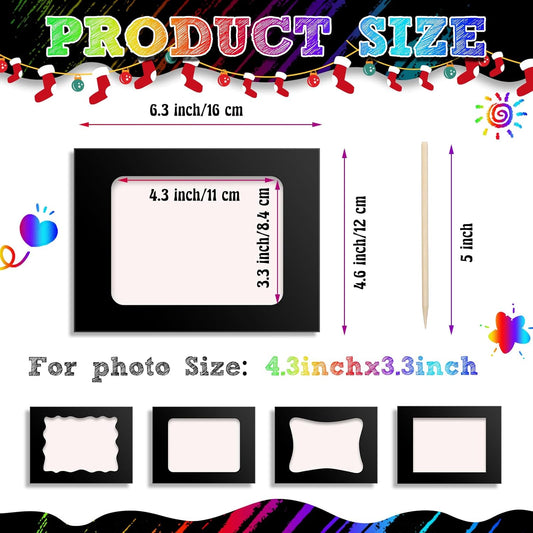 Motipuns 24 Pcs Scratch Picture Frame Craft Kits for Kids DIY Vbs Scratch Paper Photo Frame with Wooden Stylus Back to School 4 x 6 Children Photo Classroom Easter Activities Decor