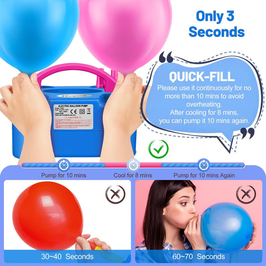 FLSEPAMB Balloon Pump, Electric Balloon Pump,Portable Dual Nozzles Electric Balloon Air Pump 110V 600W, Electric Balloon Inflator with Tying Tool, Colored Ribbons for Party Decoration