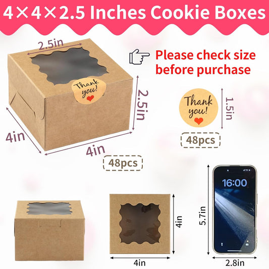 WINKIO 24pcs White Cookie Boxes, 4x4x2.5 Inches Bakery Boxes with Window, for Mini Cake Treat Dessert Pastry Donuts Macaroon Strawberries Chocolate Candy (with Stickers)