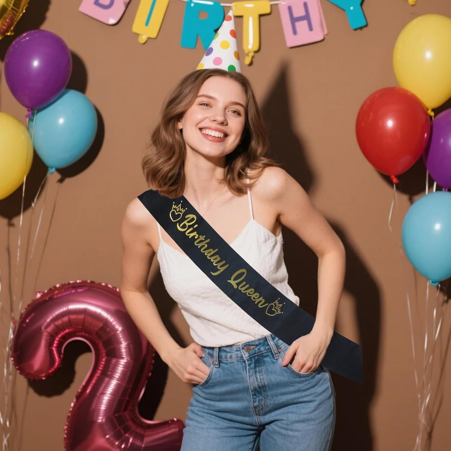 Luwigs Birthday Queen Sash Black Satin with Gold Foli Letter Happy Birthday Sash Gifts for Women and Girls Party Decorations Supplies (Black)