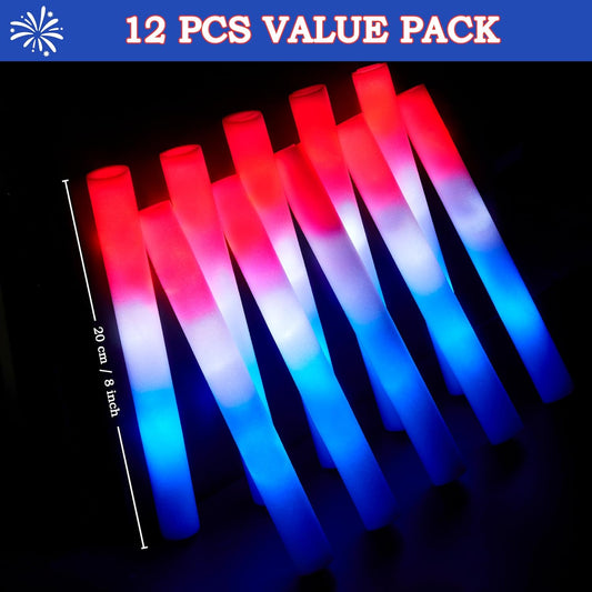 JOYIN 12 Pcs July 4th Foam Glow Sticks, 16" Red White Blue Patriotic LED Sticks with 3 Lightup Modes, Glow in the Dark Party Favor Supply for Independence Day Parade Carnival Festive Celebration